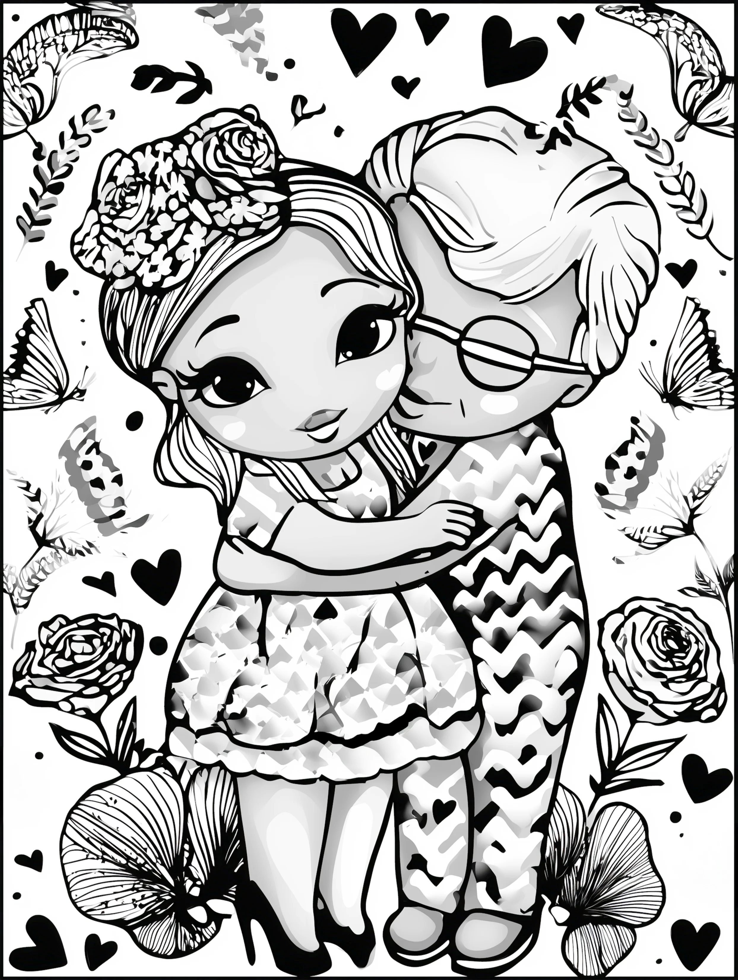 Free printable valentines coloring pages for adults featuring elderly grandparents embrace